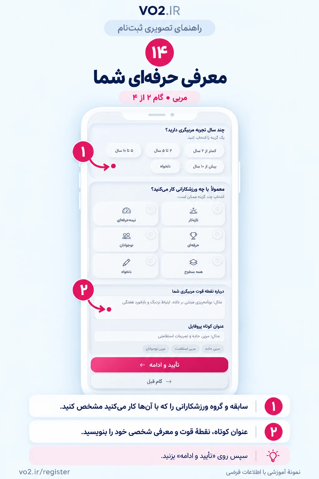 راهنمای تصویری معرفی حرفه‌ای شما — مربی • گام ۲ از ۴